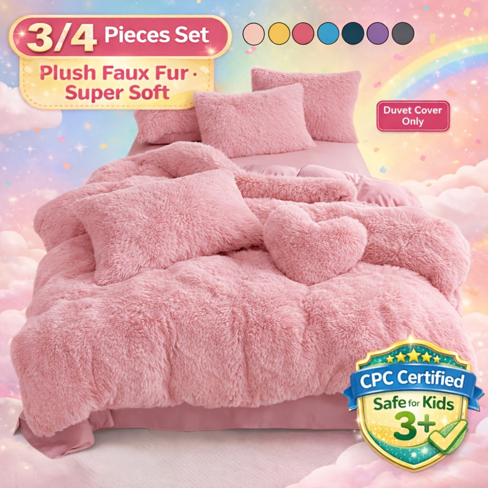 Plush Faux Fur Duvet Cover Set with Heart Pillow, Corner Ties and Twin, Queen or King Sizes in Eight Colors