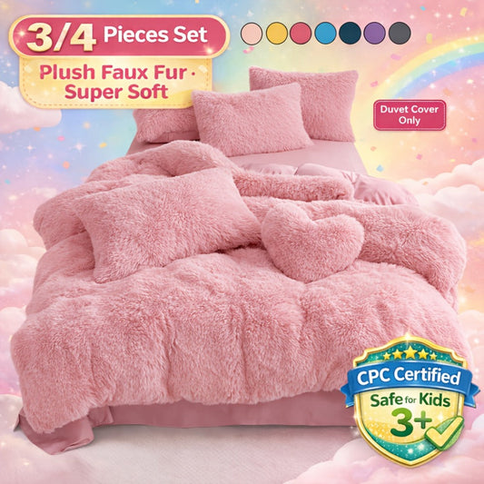 Faux Fur Duvet Cover Set Twin Queen King Super Soft Plush Comforter Cover with Pillowcases Heart Pillow for Kids Teens Machine Washable Bedroom Decor