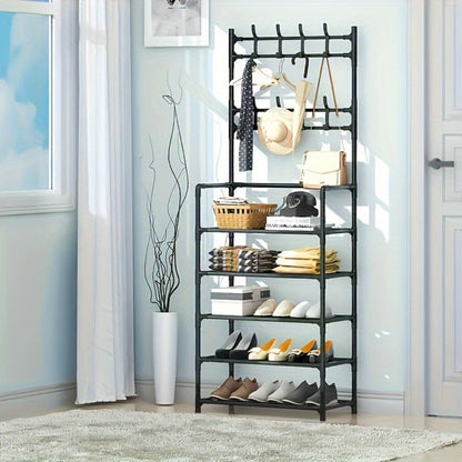 Shoe Rack Floor-Standing Organizer with 8 Double Hooks and 3-Layer or 5-Layer Black Options