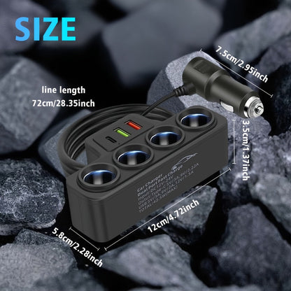 Car Power Splitter with Four 12V Sockets, USB-C, Dual USB-A and 72cm Cord for 12V/24V Vehicles