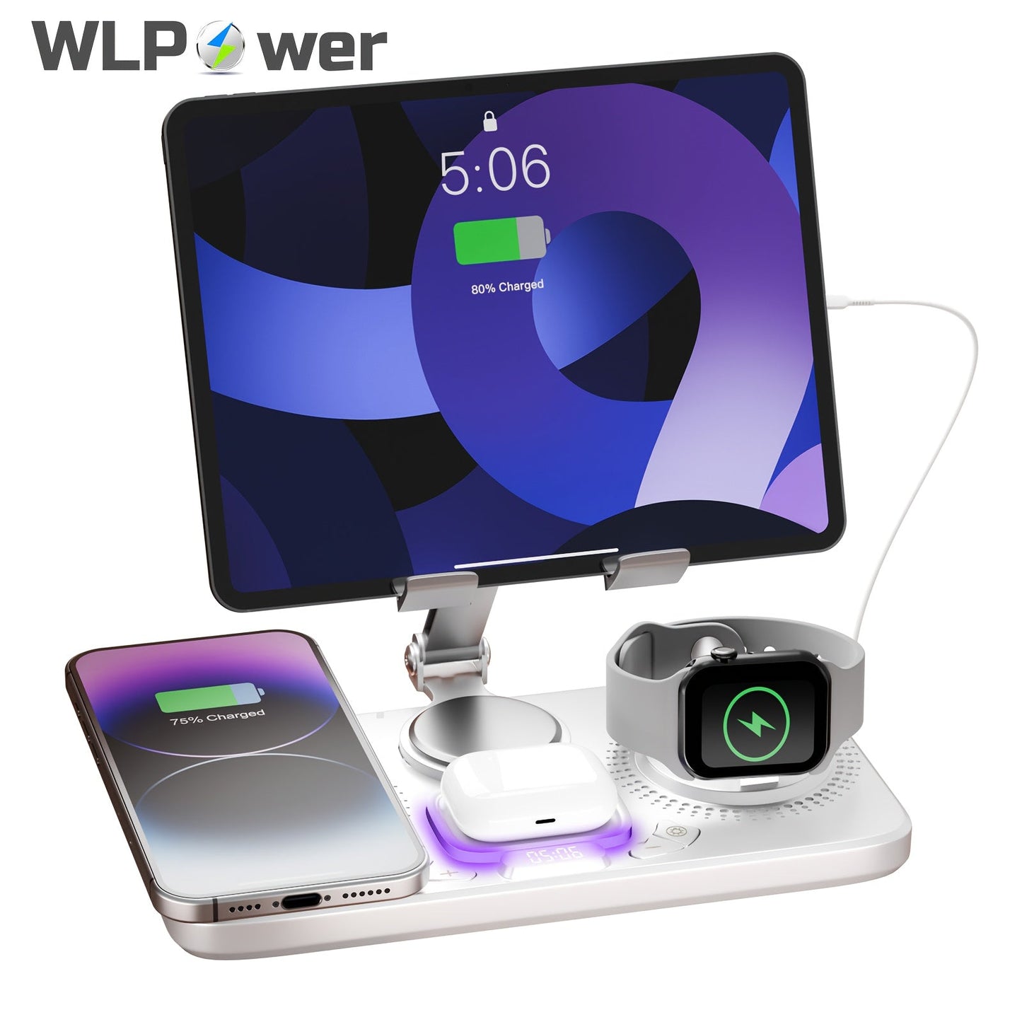 Wireless Charging Station, WLP Power 6-in-1 15W Dock with Clock, Atmosphere Light and Four-Device Layout