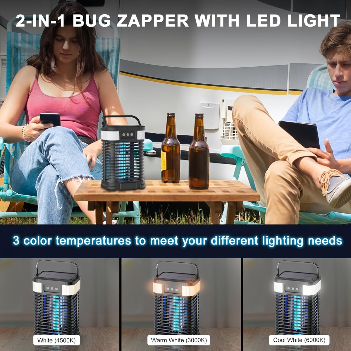 Bug Zapper, Solar 5-in-1 Lantern 3500mAh Indoor Outdoor Garden Camping for Garden, Yard and Pest Management