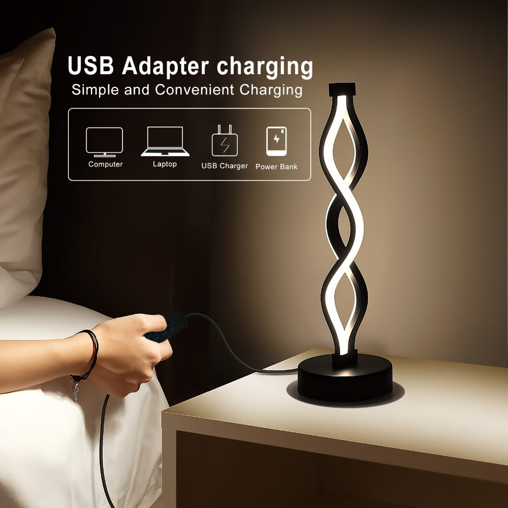 Table Lamp with Spiral LED Wave, Three Color Temperatures, USB Power and One, Two or Wood-Base Options