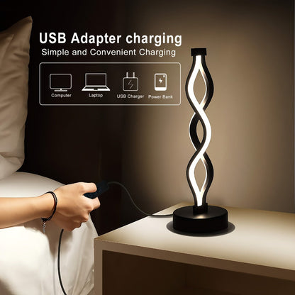 Table Lamp with Spiral LED Wave, Three Color Temperatures, USB Power and One, Two or Wood-Base Options