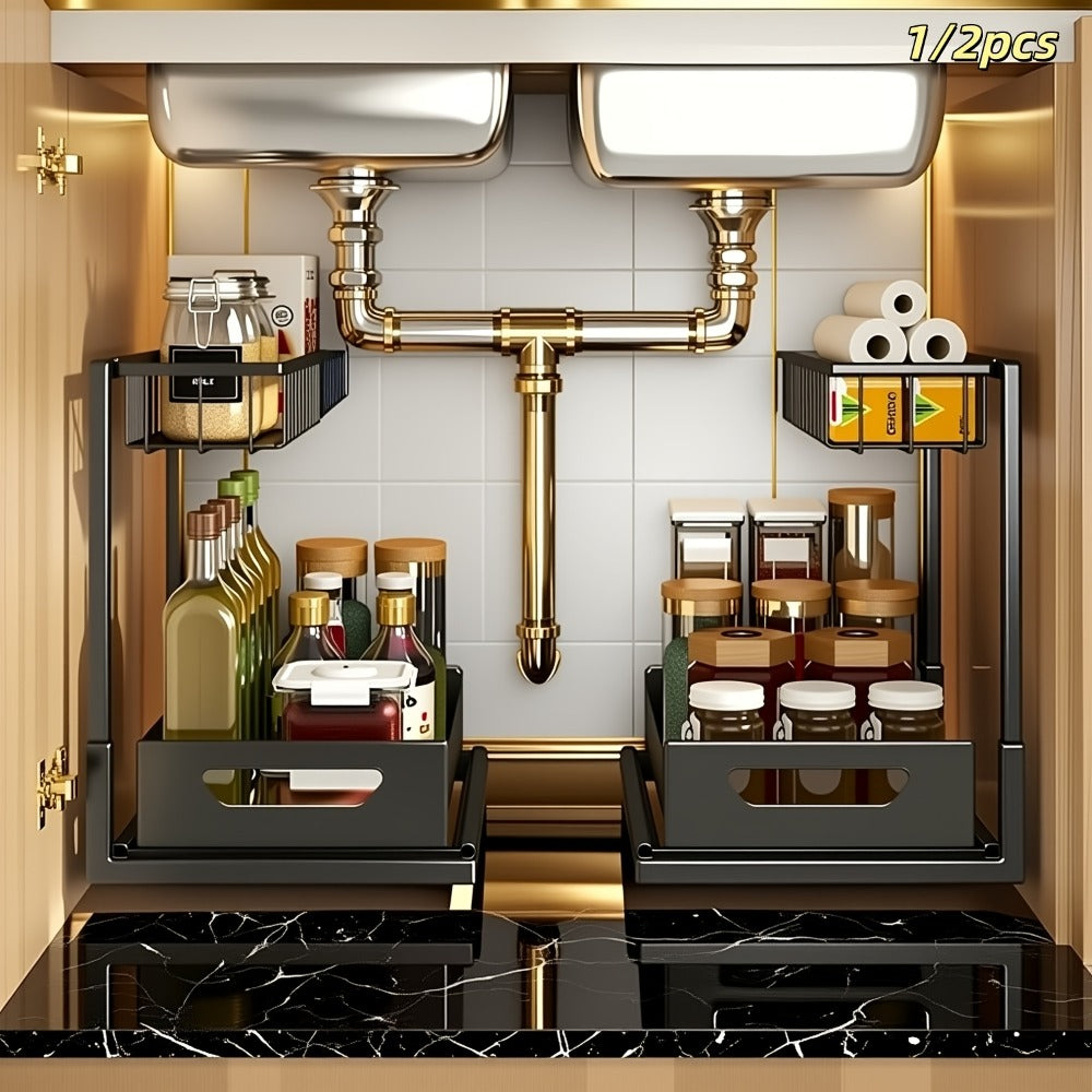 Two-Tier Pull-Out Cabinet Organizer with Upper and Lower Sliding Trays in Grey, Black or White Package Options