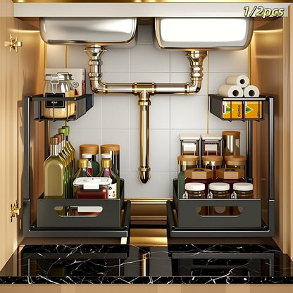 Two-Tier Pull-Out Cabinet Organizer with Upper and Lower Sliding Trays in Grey, Black or White Package Options