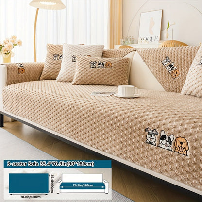 Sofa Cover, Honeycomb Velvet Animal-Embroidered Couch Pad with Non-Slip Backing in Three Colors