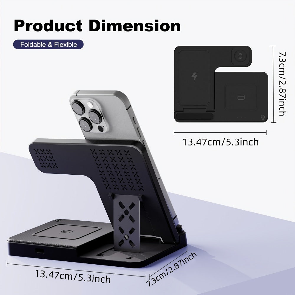Foldable 3-in-1 Wireless Charging Station with LED Indicator & Anti-Slip Fast Charge for iPhone 17 16 15 14 13 12 11 Pro Max XR XS, Apple Watch Ultra Series 11 10 9 8 7 6 5 SE, AirPods 4 3 2 Pro & Samsung Galaxy – Black White, With/Without Adapter