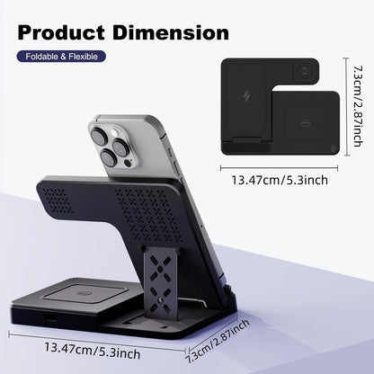 Foldable 3-in-1 Wireless Charging Station with LED Indicator & Anti-Slip Fast Charge for iPhone 17 16 15 14 13 12 11 Pro Max XR XS, Apple Watch Ultra Series 11 10 9 8 7 6 5 SE, AirPods 4 3 2 Pro & Samsung Galaxy – Black White, With/Without Adapter