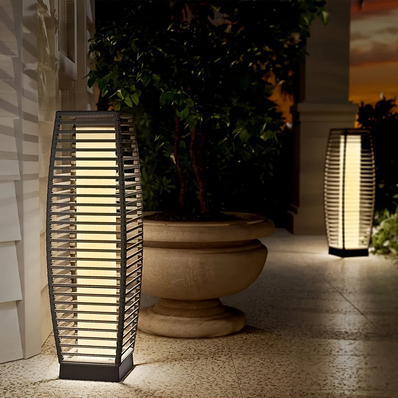 Solar Outdoor Floor Lamp with Wicker Design – Weatherproof Auto On/Off Garden Light, 40+ Lumens Decorative Porch Lantern for Yard, Pathway & Patio