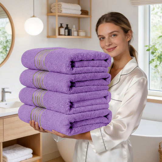 Bath Towels Set 4-Pack 620GSM Bamboo Cotton Blend in Pink, Navy, Gray, Blue or Purple for Home and Guest Use