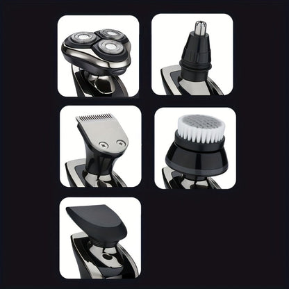 5-in-1 Rechargeable 3-Head Rotary Electric Razor with Detail Trimmer, Nose Trimmer and Cleaning Brush