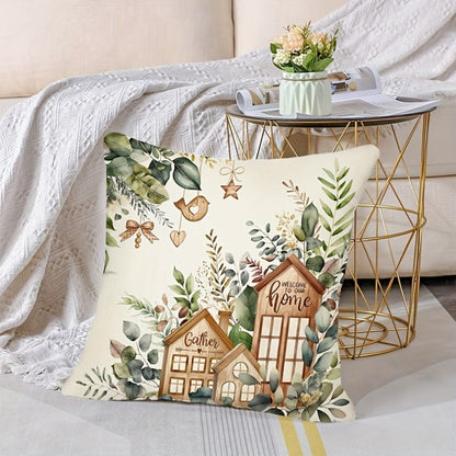 Four-Piece Botanical Farmhouse Pillow Cover Set in 18 x 18-Inch Size with Inserts Not Included