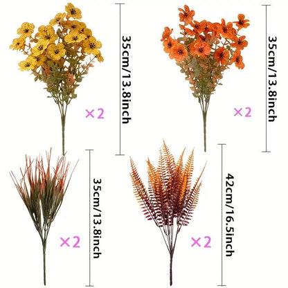 Artificial Autumn Flower Stems, Eight-Piece Set with Four Floral and Foliage Designs in Mixed Colors