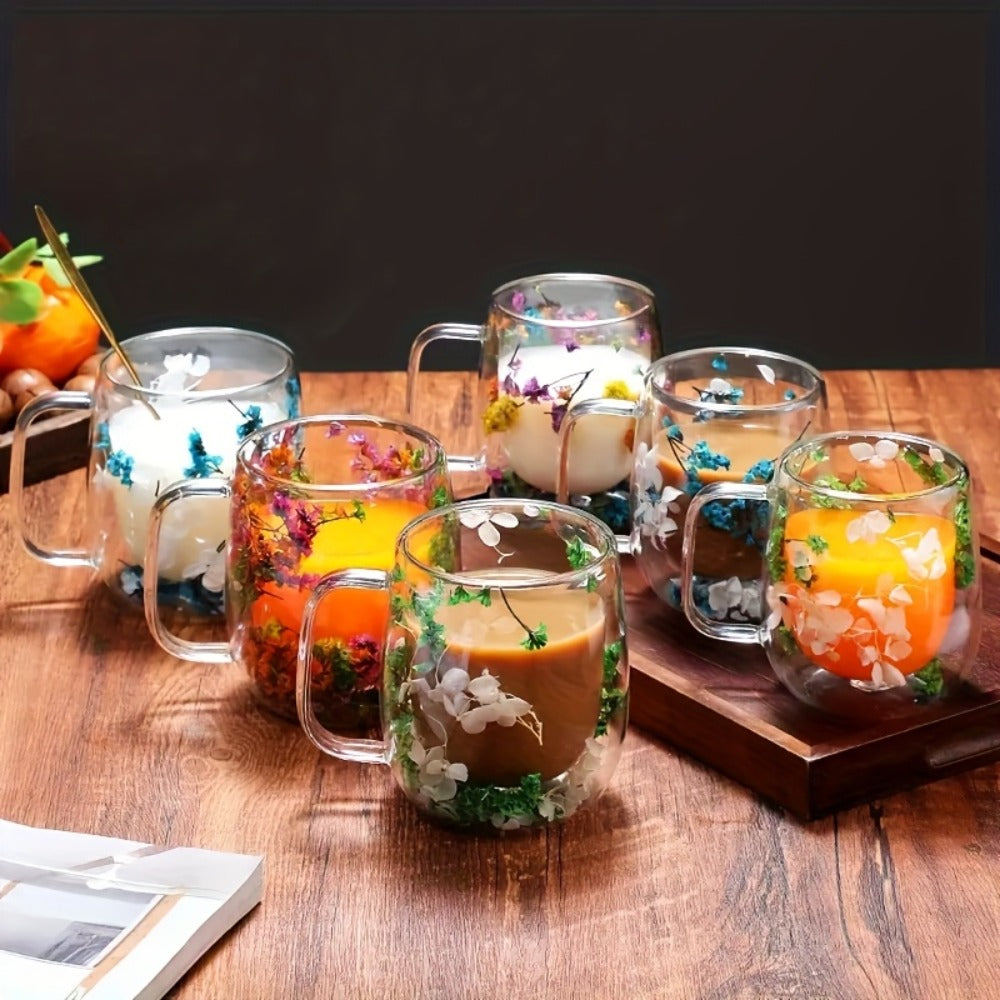 Double-Wall Glass Coffee Cup Set, Four-Piece Floral and Petal Design Mugs with Clear Handles for Tea and Lattes