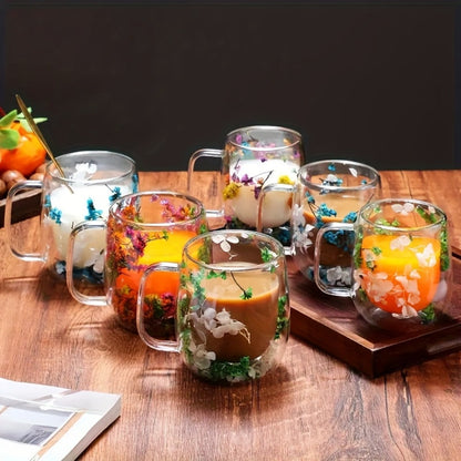 Double-Wall Glass Coffee Cup Set, Four-Piece Floral and Petal Design Mugs with Clear Handles for Tea and Lattes