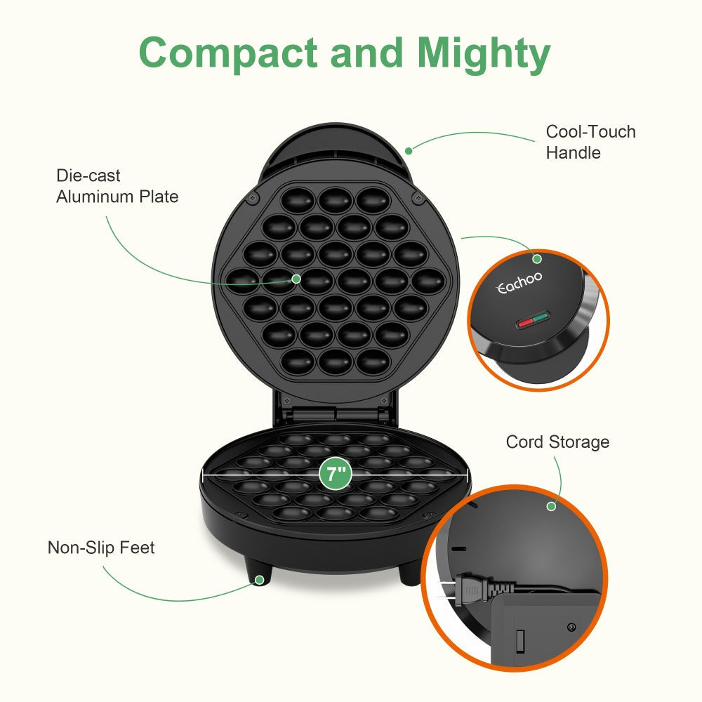 Bubble Waffle Maker 7 Inch 1000W Electric Hong Kong Egg Waffle Maker Nonstick Coating Ready in 5 Minutes for Breakfast Ice Cream Desserts Party Snacks Gift