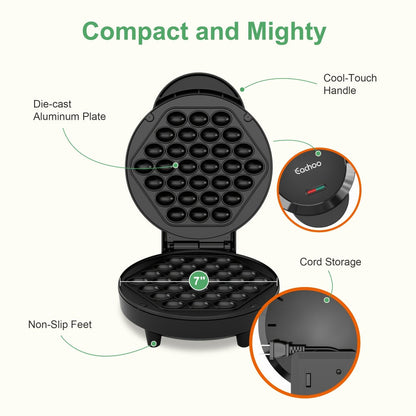Bubble Waffle Maker 7 Inch 1000W Electric Hong Kong Egg Waffle Maker Nonstick Coating Ready in 5 Minutes for Breakfast Ice Cream Desserts Party Snacks Gift