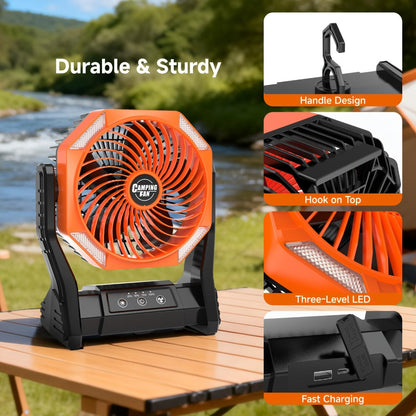 Camping Fan 20000mAh Tabletop and Hanging Fan with 4 Speeds, 3-Level LED Light and 180° Vertical Swing