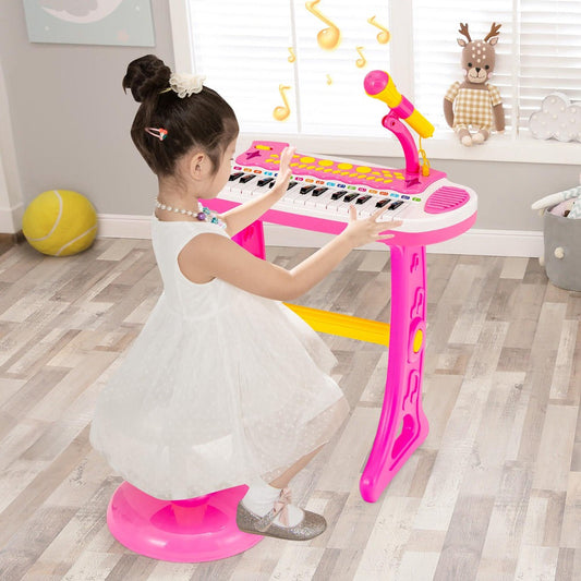 Kids Piano Keyboard Toy 31 Keys with Stool & Adjustable Microphone, Recording & Playback, Light Effects, Portable Electronic Music Instrument, Educational Gift for Boys & Girls Ages 3+, Pink