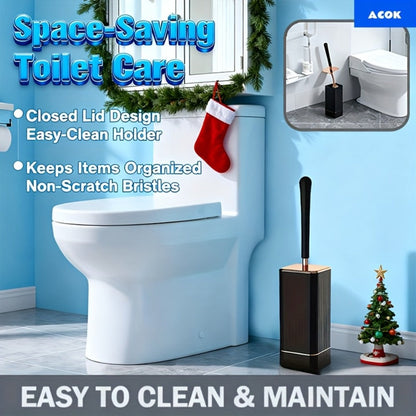 Black TPR Silicone Toilet Brush and Covered Holder Set with 41cm Handle for Bathroom Floor Storage