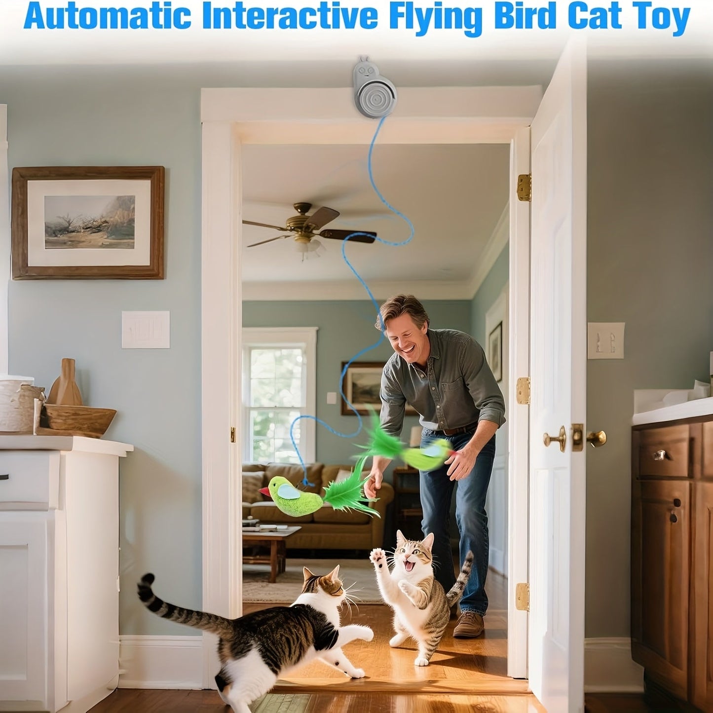 Cat Toy Electric Flying Feather with USB Rechargeable Hanging Drive, Stick-On Mount and Three Colors