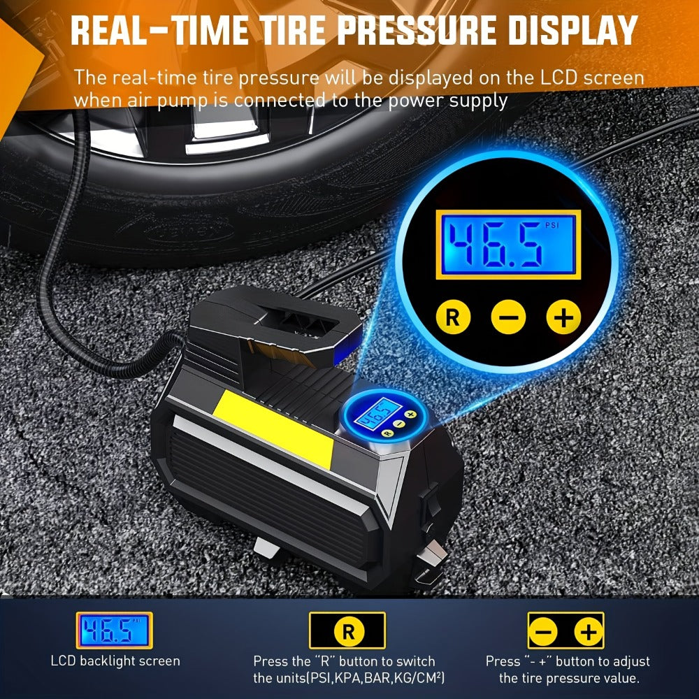 12V Portable Tire Inflator with 150 PSI Source Rating, Digital Display, LED and Nozzle Set