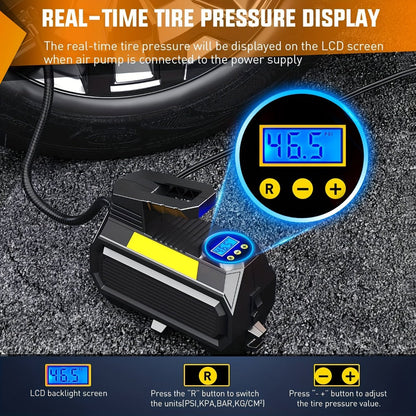 12V Portable Tire Inflator with 150 PSI Source Rating, Digital Display, LED and Nozzle Set