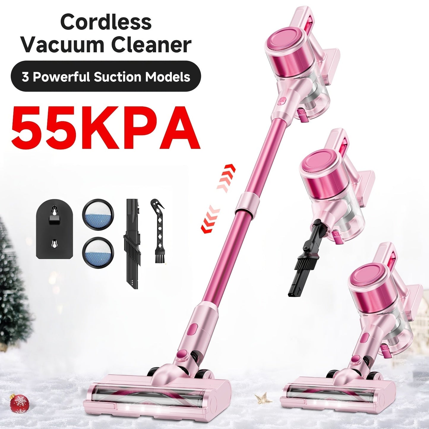 Cordless Vacuum Cleaner 55KPa 8-in-1 Stick Vacuum with LED Light 180° Swivel Lightweight Wireless for Hardwood Carpet Pet Hair Stairs Car Sofa Home Office