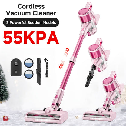 Cordless Vacuum Cleaner 55KPa 8-in-1 Stick Vacuum with LED Light 180° Swivel Lightweight Wireless for Hardwood Carpet Pet Hair Stairs Car Sofa Home Office
