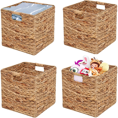 Foldable Water Hyacinth Cube Storage Baskets with Handles, 11 x 11-Inch, 1- to 4-Pack Options