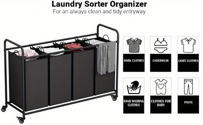 Laundry Hamper Cart with 4-Bag Sorter, Heavy-Duty Rolling Lockable Wheels & Removable Bags — Laundry Basket Organizer for Bedroom, Bathroom & Laundry Room | Beige, Gray, Black, Assorted