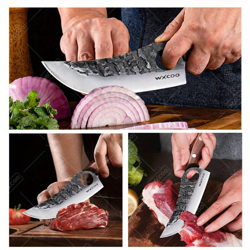 Viking Chef Knife Set 3/4pcs Hammered Stainless Steel Kitchen Knives – Boning, Utility & BBQ Knife with Wooden Handle for Cooking, Camping & Outdoor