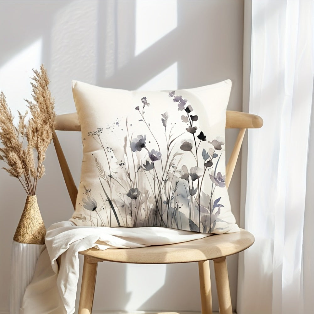 Four-Piece Watercolor Poppy Pillow Cover Set, 17.72 x 17.72 Inches with Neutral Botanical Prints