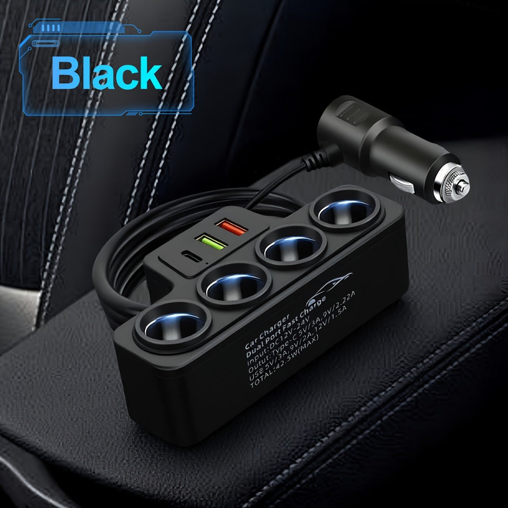 Car Power Splitter with Four 12V Sockets, USB-C, Dual USB-A and 72cm Cord for 12V/24V Vehicles