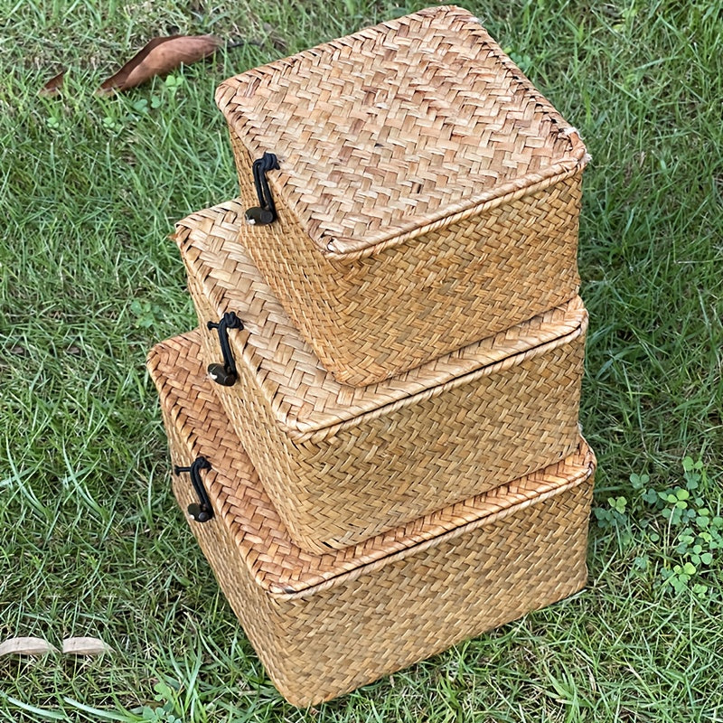 Rattan Storage Basket Set of 3 - Handwoven Wicker Organizer Bins with Lattice Lid & Label, Rustic Farmhouse Baskets for Kitchen Bathroom Pantry Shelf