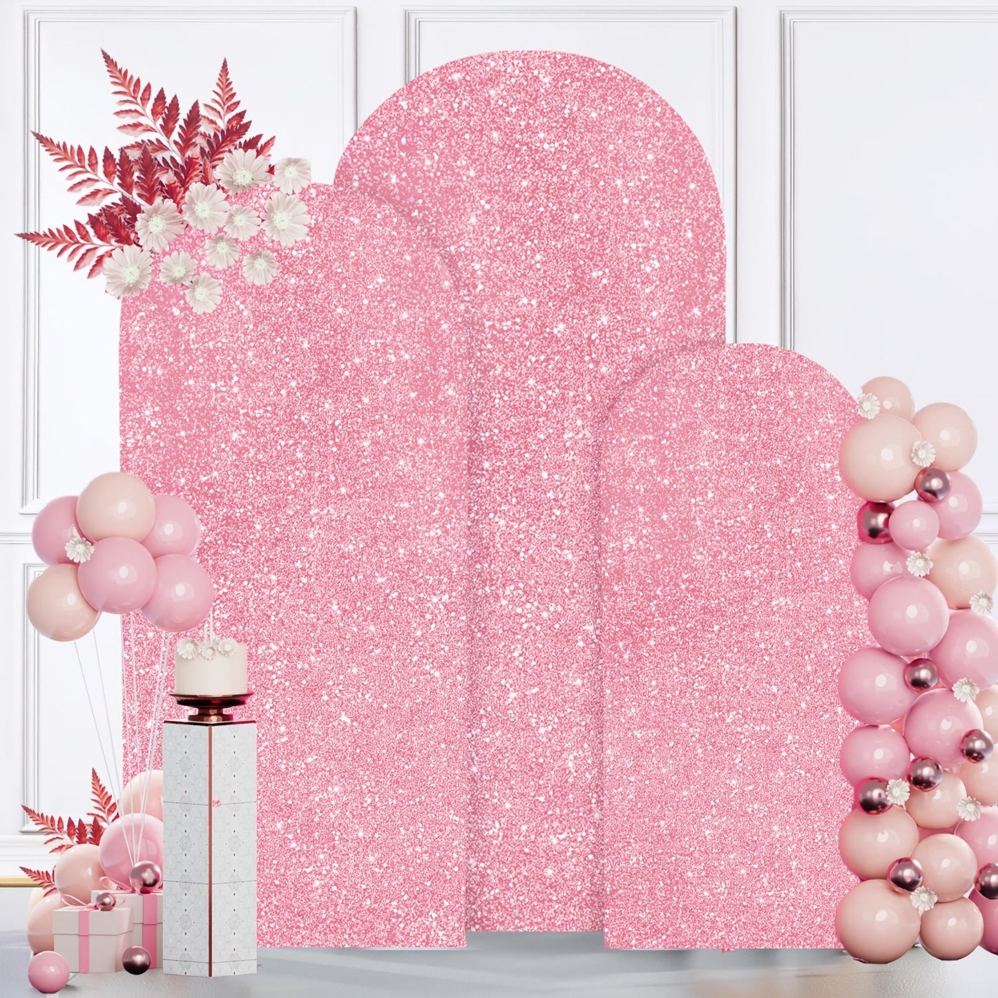 Three-Size Wedding Arch Cover Set for 4, 5 and 6-Foot Frames in Nine Metallic Sequin Color Options