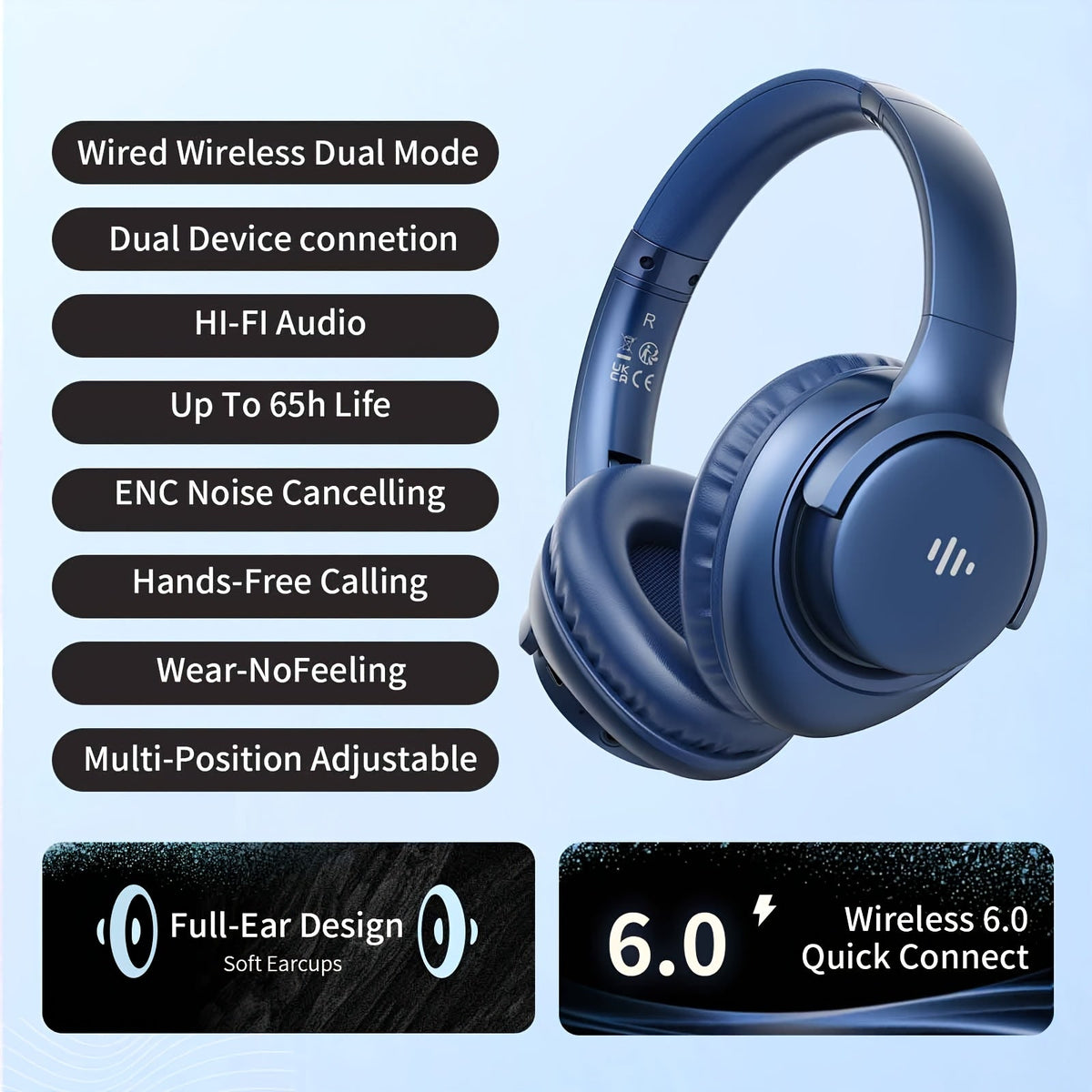 KVIDIO 65H Over-Ear Headphones Wireless HiFi Stereo Rich Bass Low Latency Foldable for Bedside Audio, Alarms and Room Entertainment