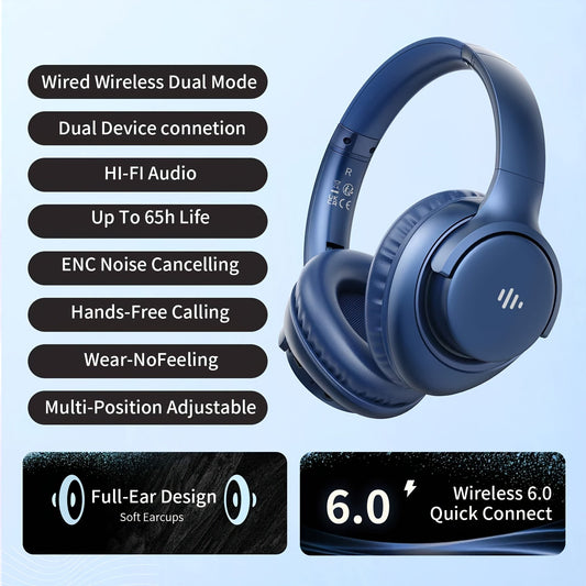 KVIDIO 65H Over-Ear Headphones Wireless HiFi Stereo Rich Bass Low Latency Foldable Lightweight Built-In Mic Ultra-Long Battery Life for Travel Work Study