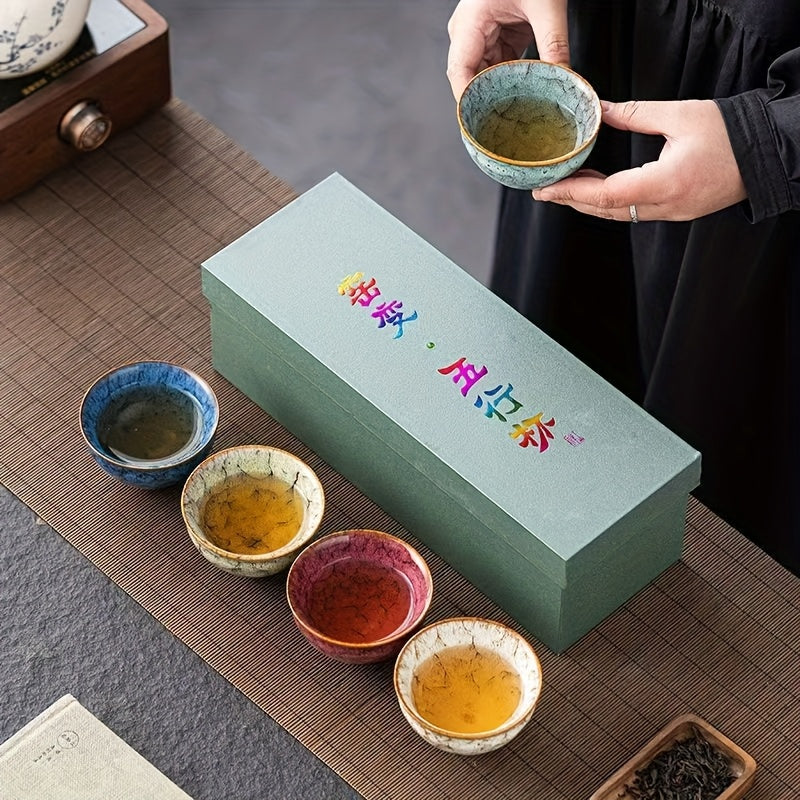 Five-Piece Jianzhan-Style Ceramic Tea Cup Set in Five Colors with 4.06-Ounce Bowls and Gift Box