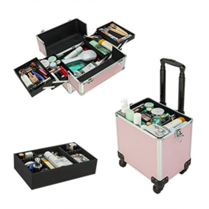 Four-Section Rolling Makeup Train Case with Removable Stack, Telescoping Handle and Four Color Finishes