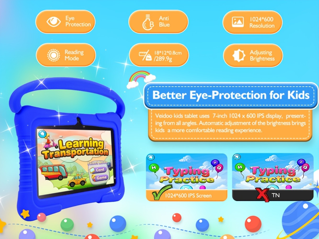 Kids Tablet 7 Inch with Android, 2GB RAM, 16GB or 32GB Built-In Storage, Parental Controls and Silicone Case