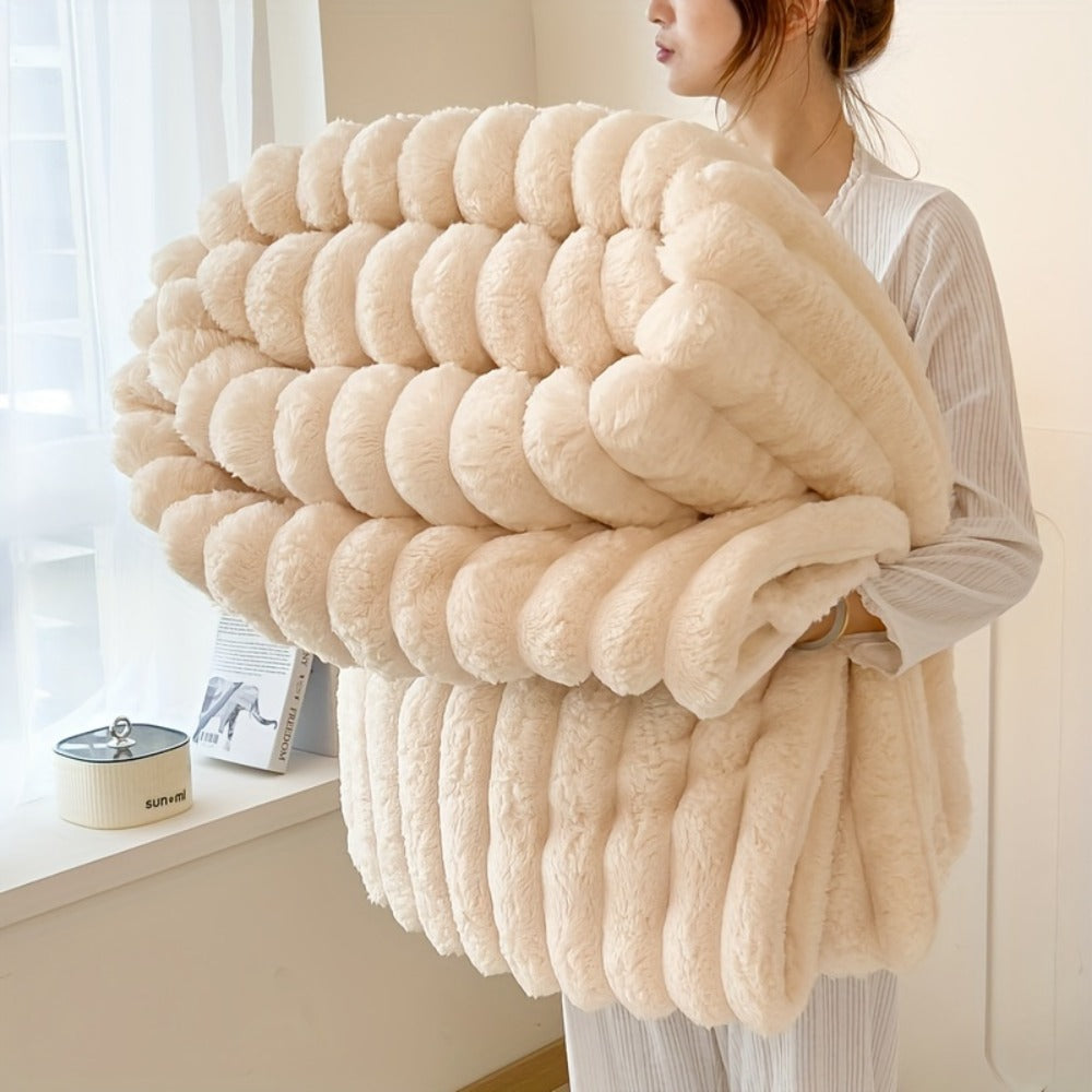 Plush Faux Fur Blanket – Imitation Rabbit Fur 300-350gsm Knit Throw for Sofa, Bed & Travel, All Season, 3 Colors, 2 Sizes