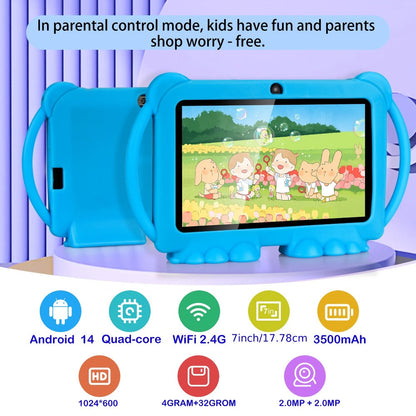 Kids Tablet 7 Inch with Android 14, 4GB RAM, 32GB Storage, WiFi 6, Dual Cameras and Protective Case