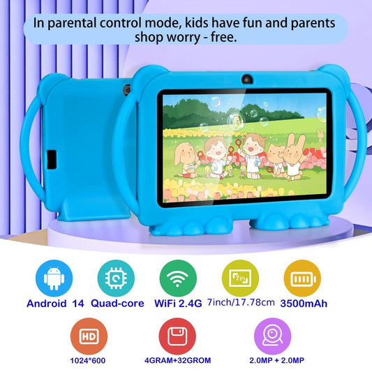 Kids Tablet 7 Inch with Android 14, 4GB RAM, 32GB Storage, WiFi 6, Dual Cameras and Protective Case
