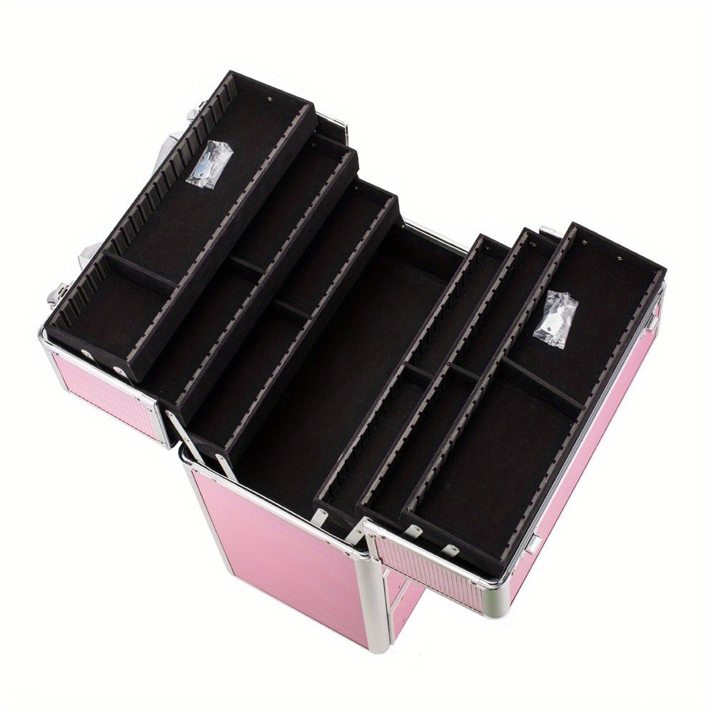 Pink Four-Tier Rolling Makeup Train Case with Fold-Out Top Trays, Two Drawers and Telescoping Handle