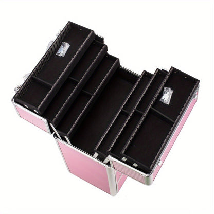 Pink Four-Tier Rolling Makeup Train Case with Fold-Out Top Trays, Two Drawers and Telescoping Handle