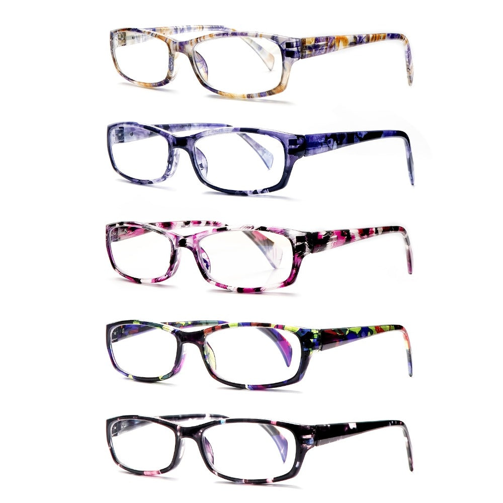 Reading Glasses – Five-Pair Rectangular Blue-Light Lens Set with Spring Hinges and Mixed Colors