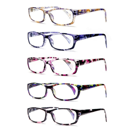 Reading Glasses – Five-Pair Rectangular Blue-Light Lens Set with Spring Hinges and Mixed Colors