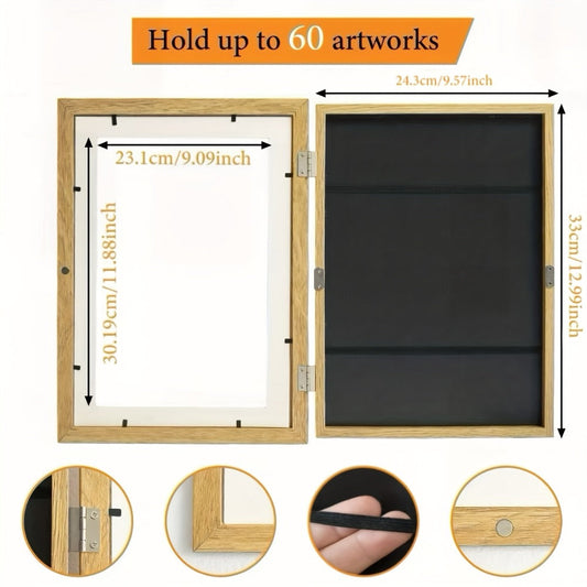 Kids Art Frames Front Opening Changeable Artwork Display Frames for Children Drawings Crafts Photos Wall Gallery - Set of 2 or 4, Black White Wood Grain